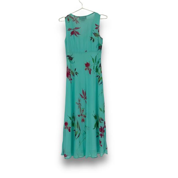 90s Carole Little Teal Blue Floral Print Ruffle Trim Maxi Dress, Size 4 - Picture 6 of 10